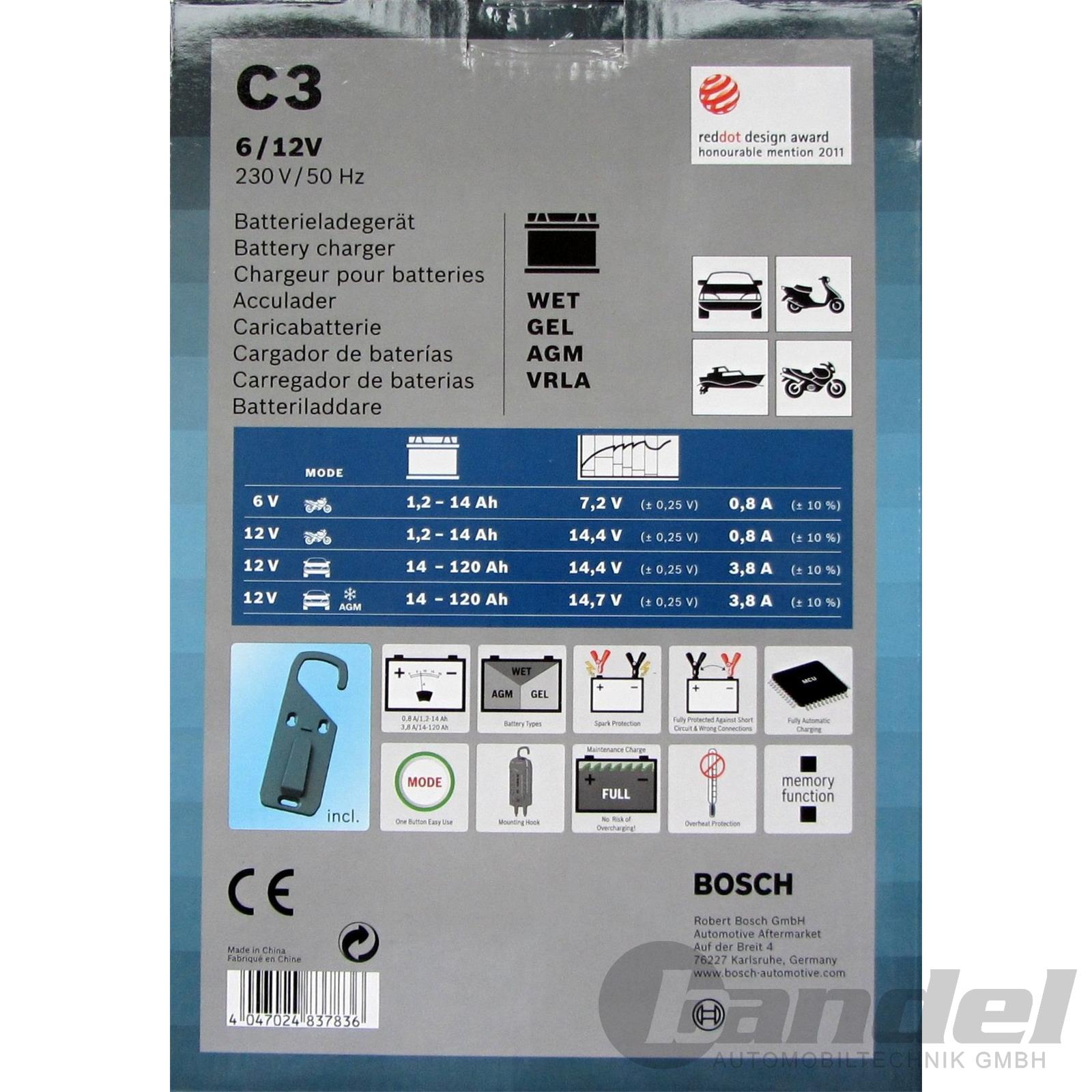 BOSCH C3 elektronisches Ladegerät 6V / 12V Batterieladegerät Kfz Boot  1,2-120Ah