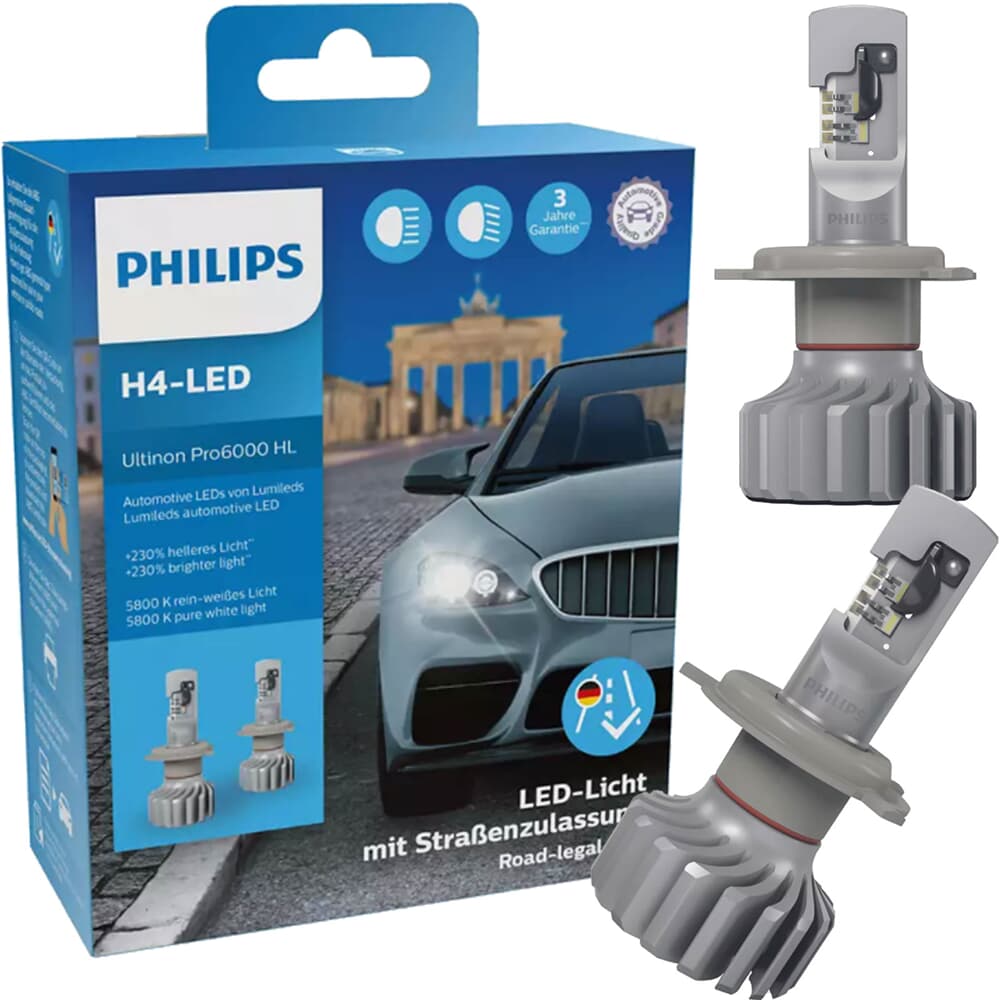 2x PHILIPS ULTINON Pro6000 H4 LED STRAßENZULASSUNG P43t 12V +230% LED LAMPEN