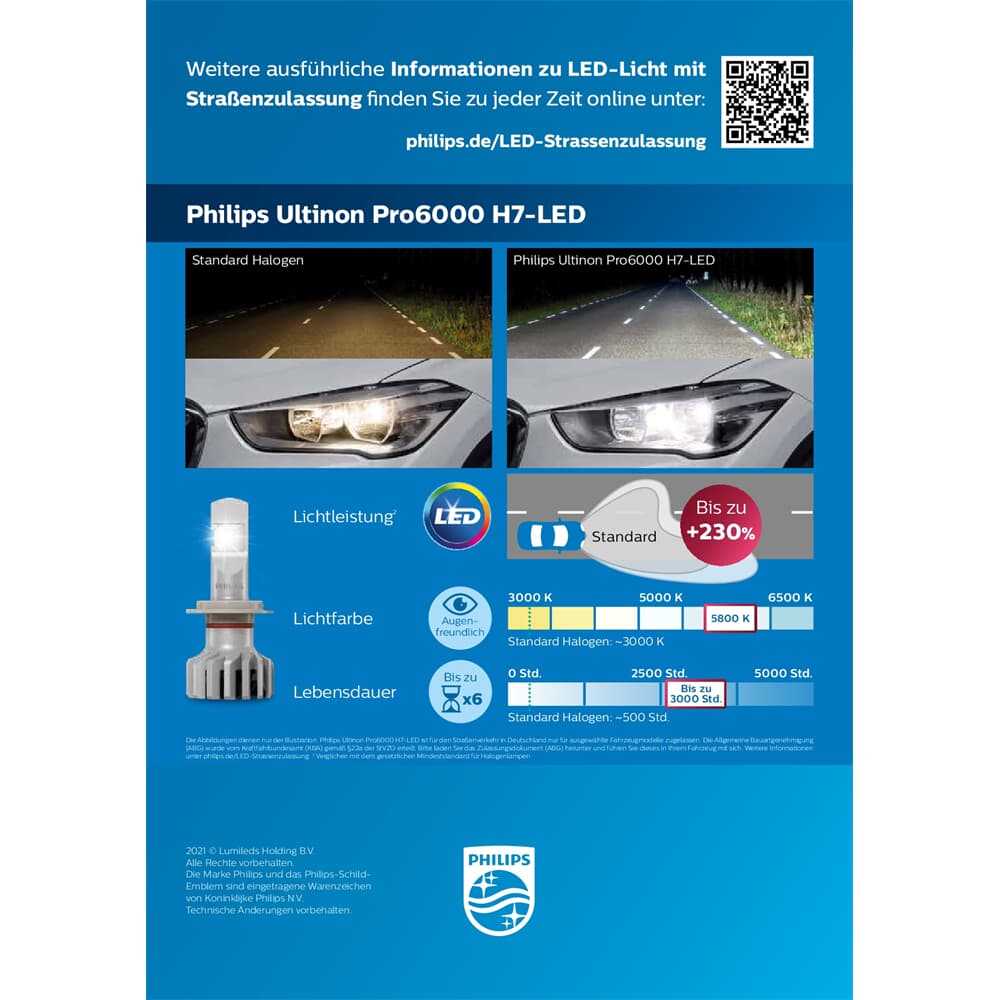 2x PHILIPS ULTINON Pro6000 H7 LED STRAßENZULASSUNG PX26d 12V +230